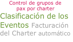 Control de grupos de 
pax por charter
Clasificación de los
Eventos Facturación
del Charter automático

